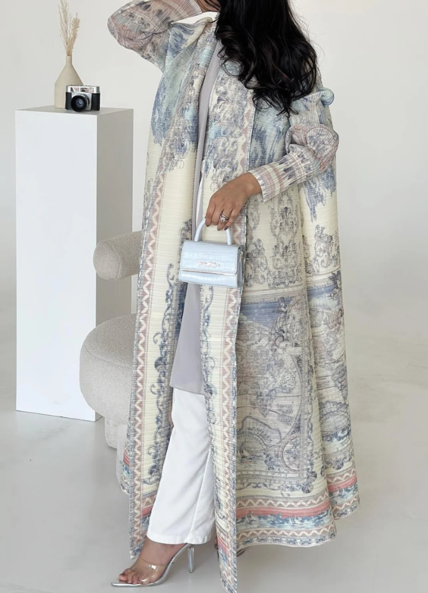 White Printed Abaya Coat  4